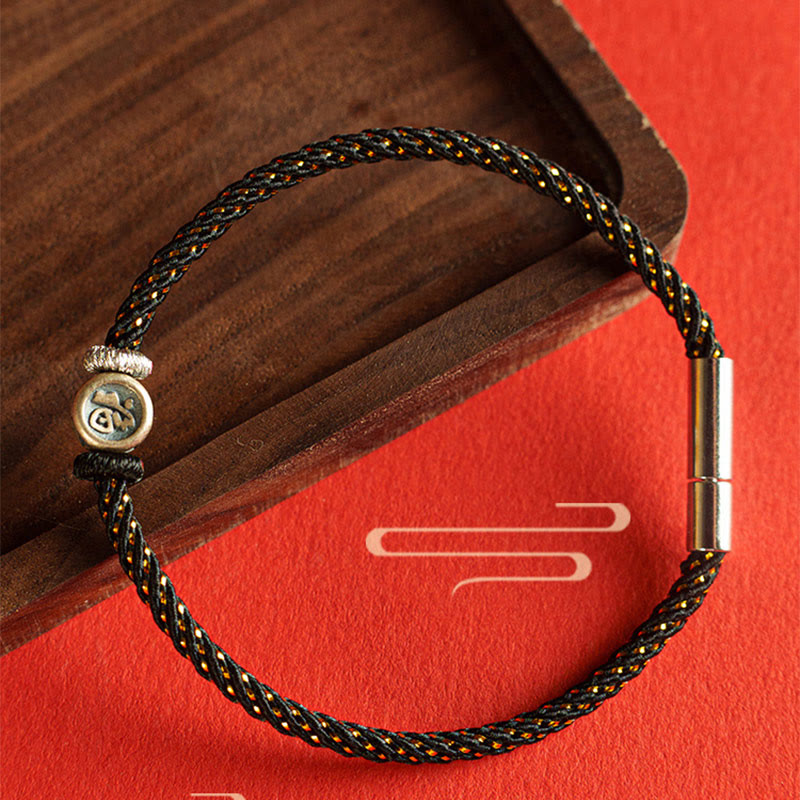 Buddha-Steine, geflochtene Schnur, 925 Sterling Silber, Fu-Charakter, Glaube-Armband 