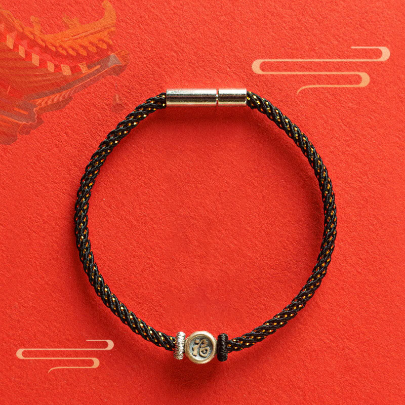 Buddha-Steine, geflochtene Schnur, 925 Sterling Silber, Fu-Charakter, Glaube-Armband 