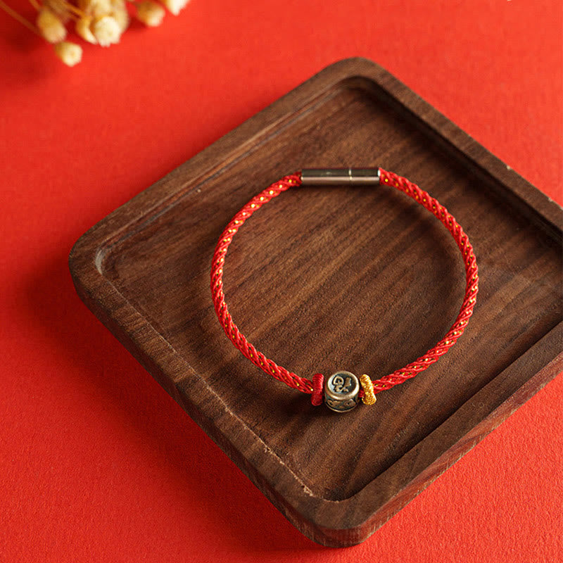 Buddha-Steine, geflochtene Schnur, 925 Sterling Silber, Fu-Charakter, Glaube-Armband 