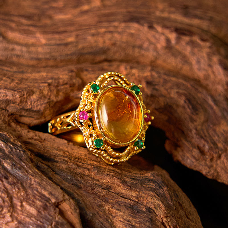 Bague ajustable en dentelle creuse avec pierres de Bouddha et fleur d'ambre 