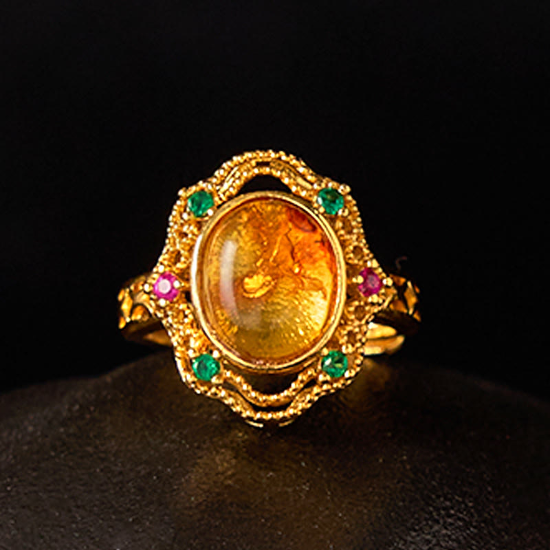 Bague ajustable en dentelle creuse avec pierres de Bouddha et fleur d'ambre 