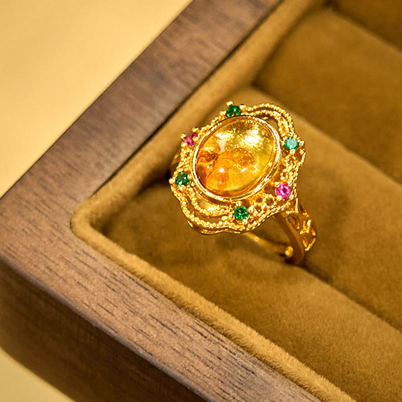Bague ajustable en dentelle creuse avec pierres de Bouddha et fleur d'ambre 