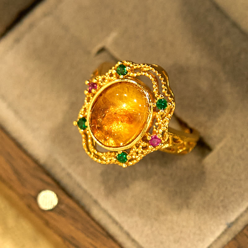 Bague ajustable en dentelle creuse avec pierres de Bouddha et fleur d'ambre 
