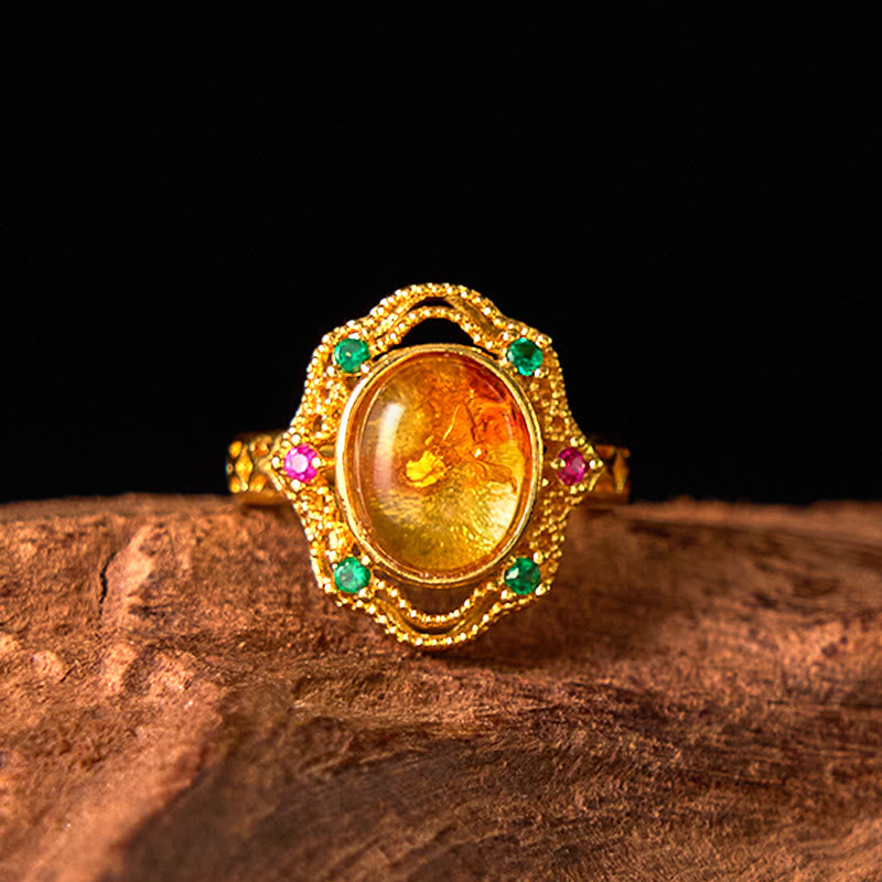 Bague ajustable en dentelle creuse avec pierres de Bouddha et fleur d'ambre 
