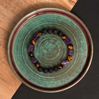 Bracelet de soutien en pierre de lave et améthyste cubique avec divers cristaux et pierres de Bouddha 