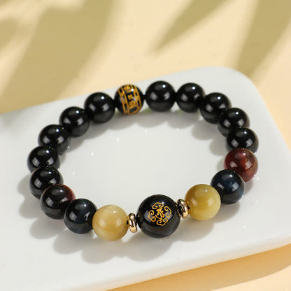 Buddha-Steine, schwarzer Onyx, Tigerauge, Om Mani Padme Hum, chinesisches Sternzeichen, Natal Buddha-Stützarmband 
