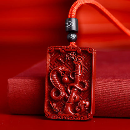 Collier pendentif rectangulaire calme en pierres de Bouddha et zodiaque chinois en cinabre