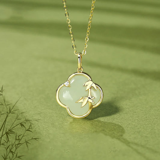 Collier avec pendentif en argent sterling 925 et jade Hetian, trèfle à quatre feuilles, bambou et pierres de Bouddha