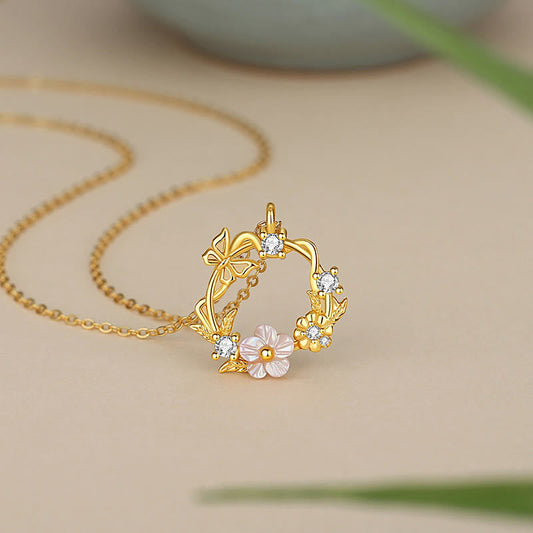 Collier avec pendentif en argent sterling 925 et zircone cubique, coquillage, papillon, fleur de pêcher, bénédiction