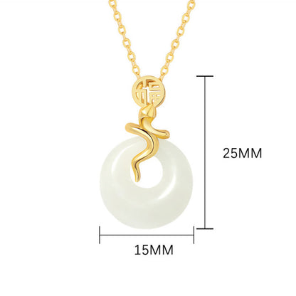 Collier pendentif en argent sterling 925 avec jade Hetian et pierre de Bouddha, boucle de paix, année du serpent, bénédiction du caractère Fu 