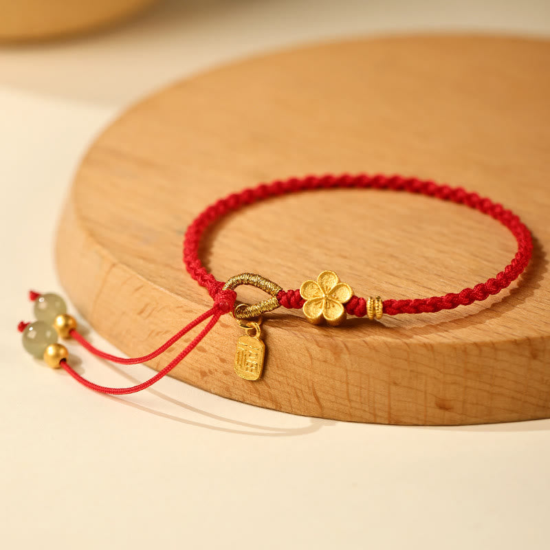 Bracelet porte-bonheur en jade Hetian avec petites fleurs de pêcher et breloque Fu