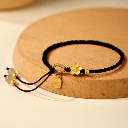 Bracelet porte-bonheur en jade Hetian avec petites fleurs de pêcher et breloque Fu