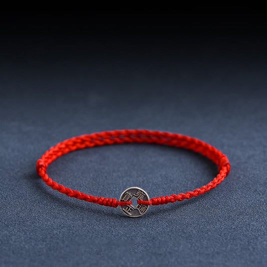Bracelet de cheville tressé en argent sterling 925 avec cinq pièces impériales et cordon rouge, protection et chance 
