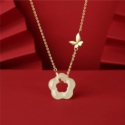 Collier avec pendentif en argent sterling 925 et jade Hetian, motif papillon et fleur de bénédiction, pierres de Bouddha 