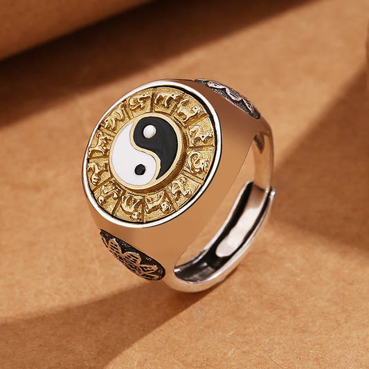 Bague ajustable en cuivre avec pierres de Bouddha, symbole du zodiaque chinois Yin Yang