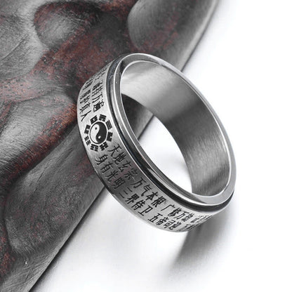 Bague rotative en acier titane avec pierres de Bouddha, Bagua, Yin et Yang, caractères chinois 