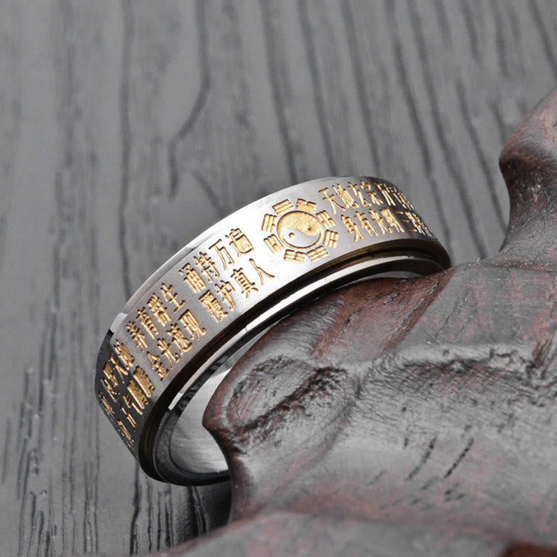 Bague rotative en acier titane avec pierres de Bouddha, Bagua, Yin et Yang, caractères chinois 