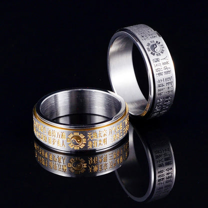 Bague rotative en acier titane avec pierres de Bouddha, Bagua, Yin et Yang, caractères chinois 