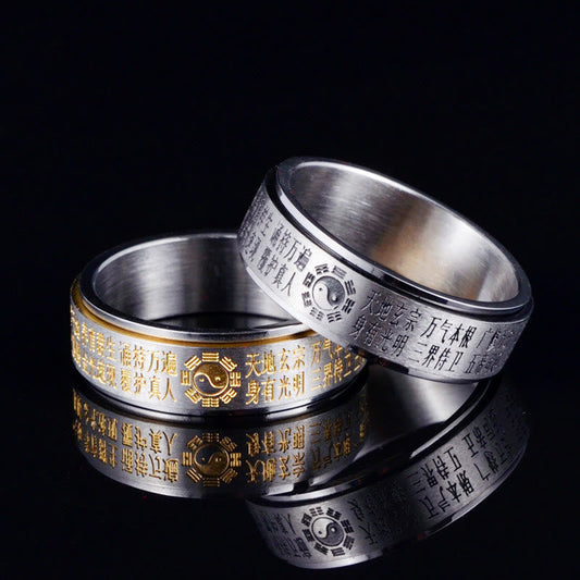 Bague rotative en acier titane avec pierres de Bouddha, Bagua, Yin et Yang, caractères chinois 
