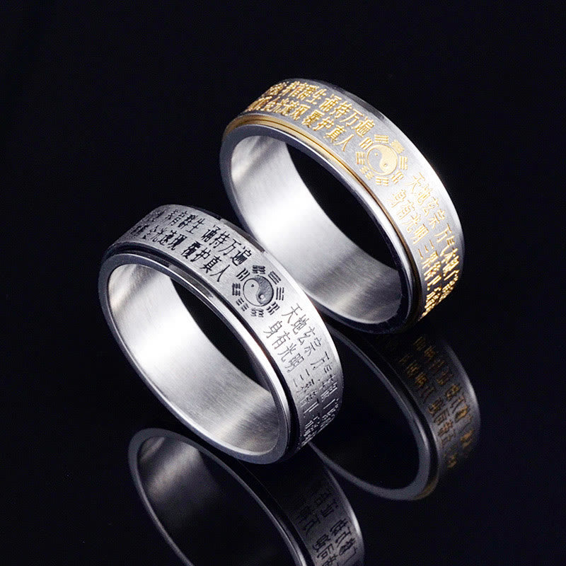 Bague rotative en acier titane avec pierres de Bouddha, Bagua, Yin et Yang, caractères chinois 