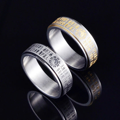 Bague rotative en acier titane avec pierres de Bouddha, Bagua, Yin et Yang, caractères chinois 