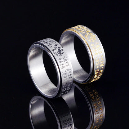 Bague rotative en acier titane avec pierres de Bouddha, Bagua, Yin et Yang, caractères chinois 