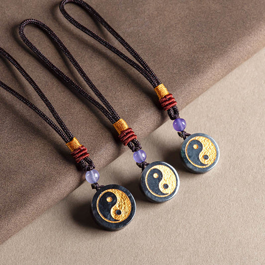 Buddha Stones Yin Yang Black Jade Harmony Protection Key Chain