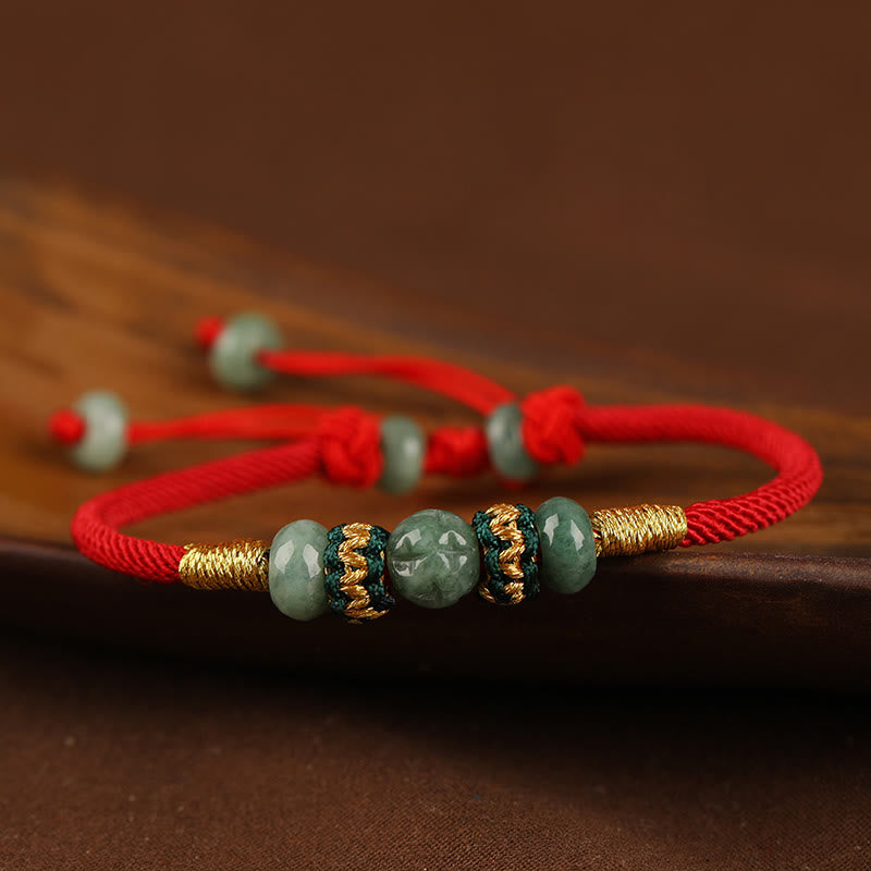Bracelet en corde rouge avec perles de boulier en jade et pierres de Bouddha