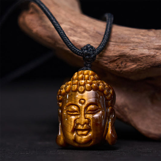 Collier pendentif courageux en forme de tête de Bouddha avec pierres de Bouddha et œil de tigre
