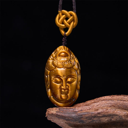 Collier pendentif en pierre de Bouddha œil de tigre Kwan Yin Avalokitesvara tête corde force