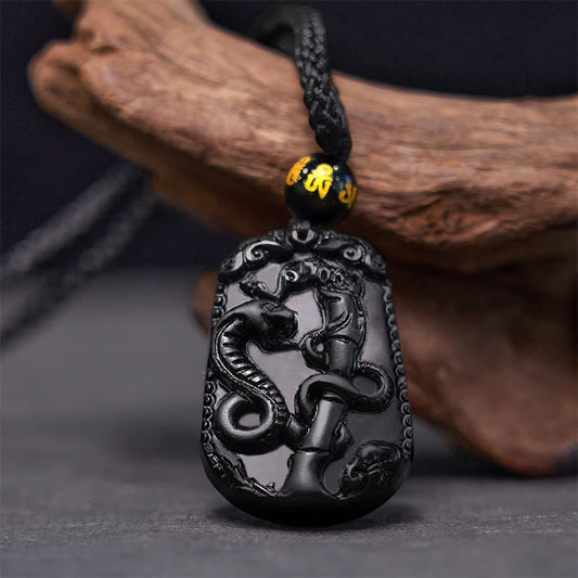 Collier pendentif en obsidienne avec pierres de Bouddha et zodiaque chinois