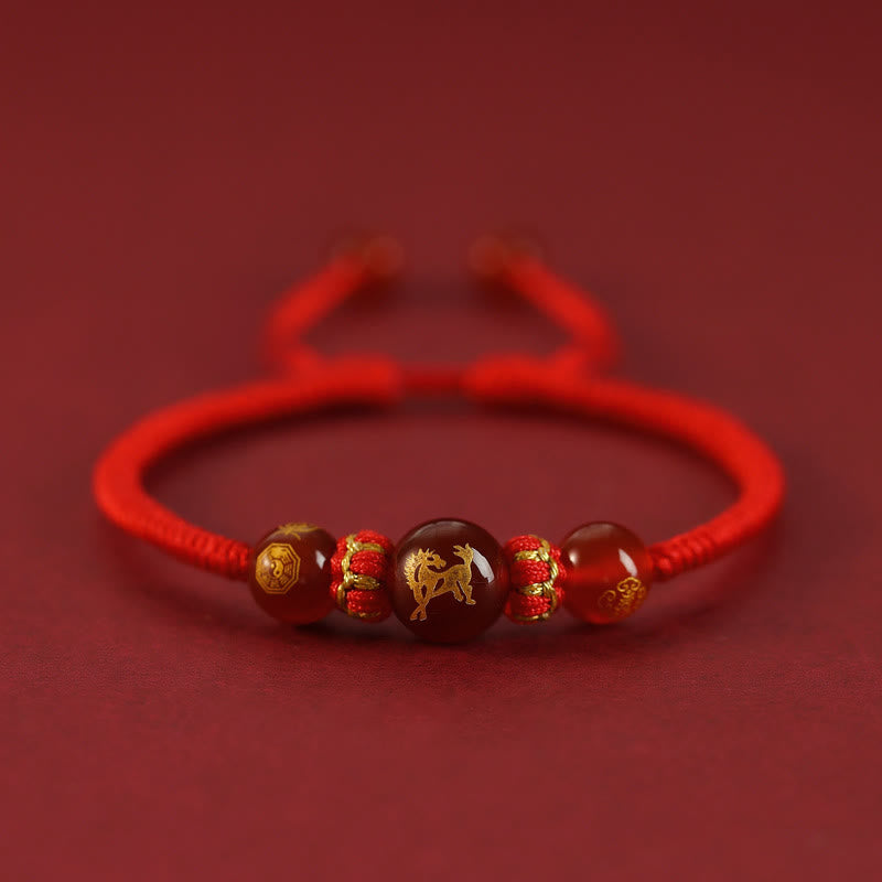 Bracelet de protection tressé en fil rouge avec pierres de Bouddha et agate rouge, signe du zodiaque chinois, fait à la main