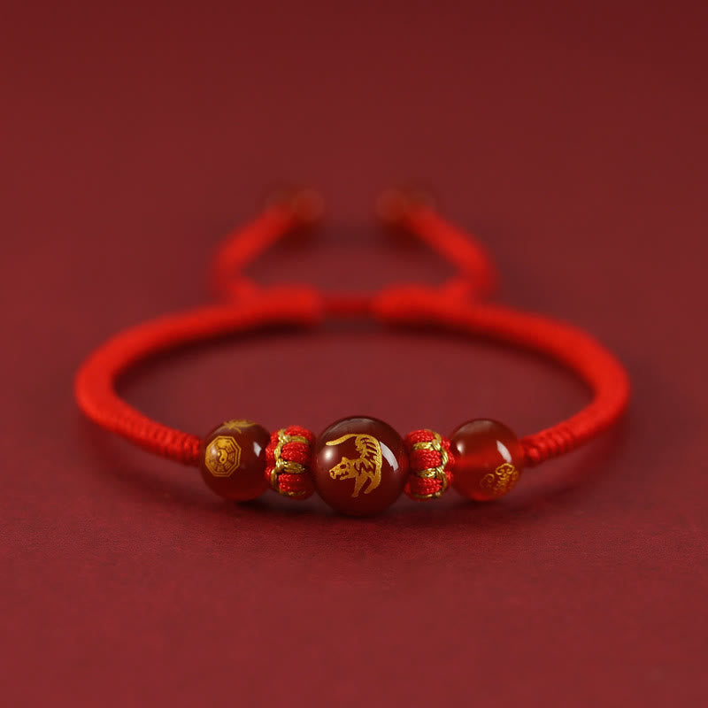 Bracelet de protection tressé en fil rouge avec pierres de Bouddha et agate rouge, signe du zodiaque chinois, fait à la main