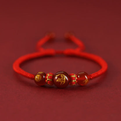 Bracelet de protection tressé en fil rouge avec pierres de Bouddha et agate rouge, signe du zodiaque chinois, fait à la main