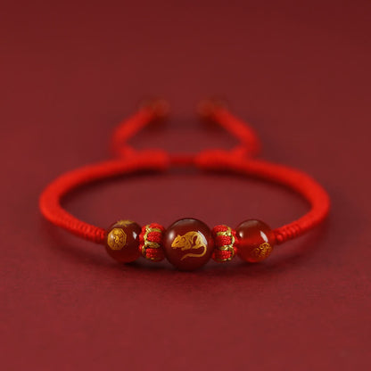 Bracelet de protection tressé en fil rouge avec pierres de Bouddha et agate rouge, signe du zodiaque chinois, fait à la main