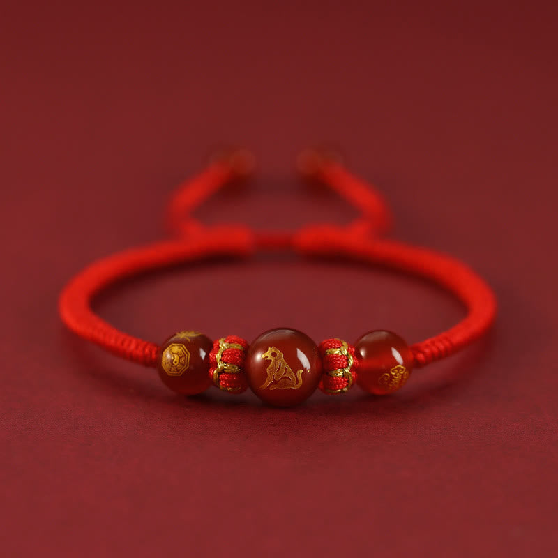 Bracelet de protection tressé en fil rouge avec pierres de Bouddha et agate rouge, signe du zodiaque chinois, fait à la main