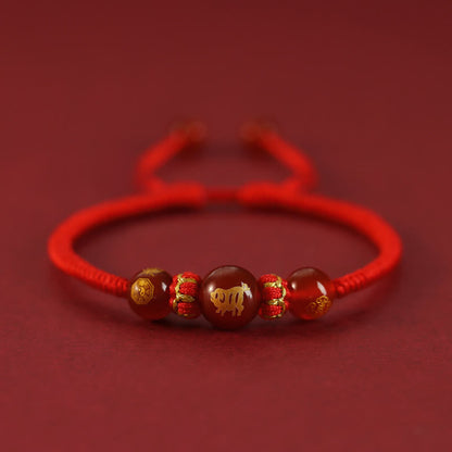Bracelet de protection tressé en fil rouge avec pierres de Bouddha et agate rouge, signe du zodiaque chinois, fait à la main