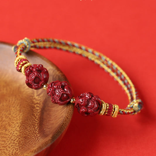 Bracelet tressé en fil rouge et cinabre, symbole du zodiaque chinois, fait main, avec pierres de Bouddha 