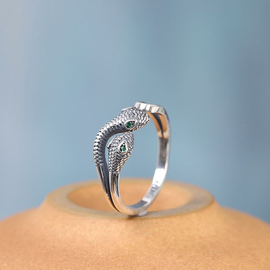 Bague ouverte réglable à deux têtes en argent sterling 925 de Buddha Stones, Année du Serpent 