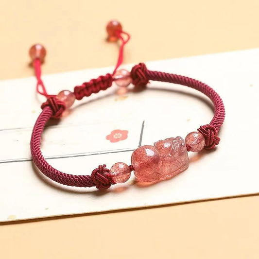 Bracelet de protection tressé en fil rouge PiXiu en quartz fraise naturel Buddha Stones 