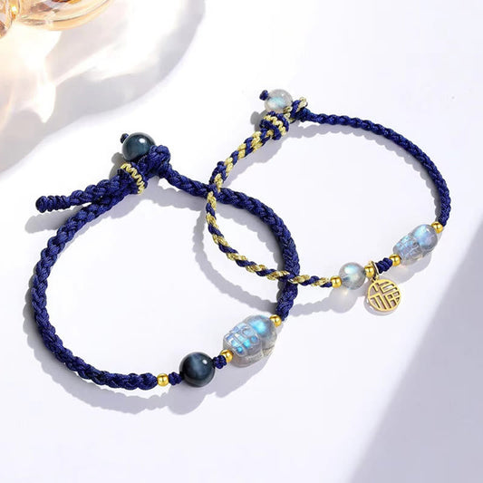 Bracelet de couple en pierre de lune et œil de tigre bleu PiXiu, pierre de Bouddha, personnage Fu, guérison 