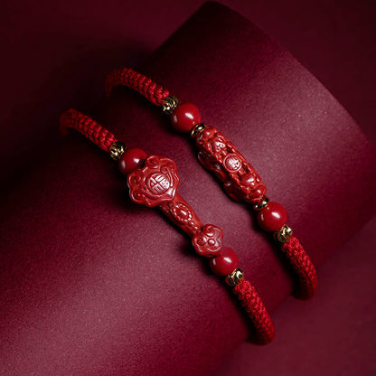 Bracelet tressé en fil rouge fait main avec poignée en cinabre Ruyi et caractère Fu PiXiu