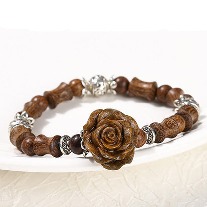 Bracelet de guérison camélia en bois de santal et bambou avec pierres de Bouddha