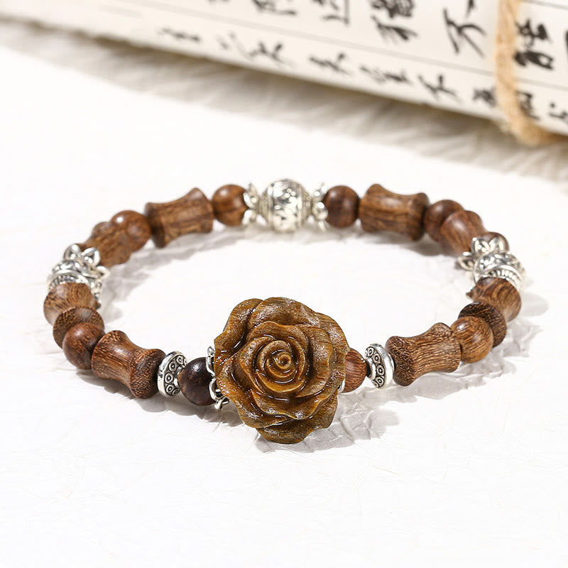 Bracelet de guérison camélia en bois de santal et bambou avec pierres de Bouddha