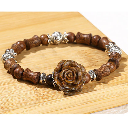Bracelet de guérison camélia en bois de santal et bambou avec pierres de Bouddha