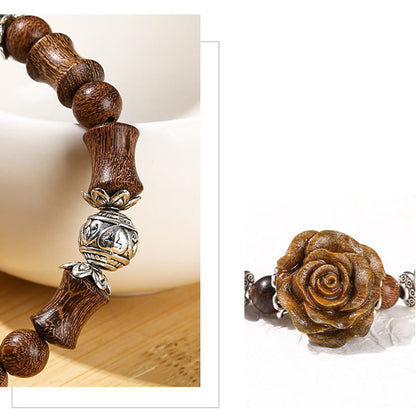 Bracelet de guérison camélia en bois de santal et bambou avec pierres de Bouddha