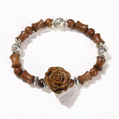 Bracelet de guérison camélia en bois de santal et bambou avec pierres de Bouddha