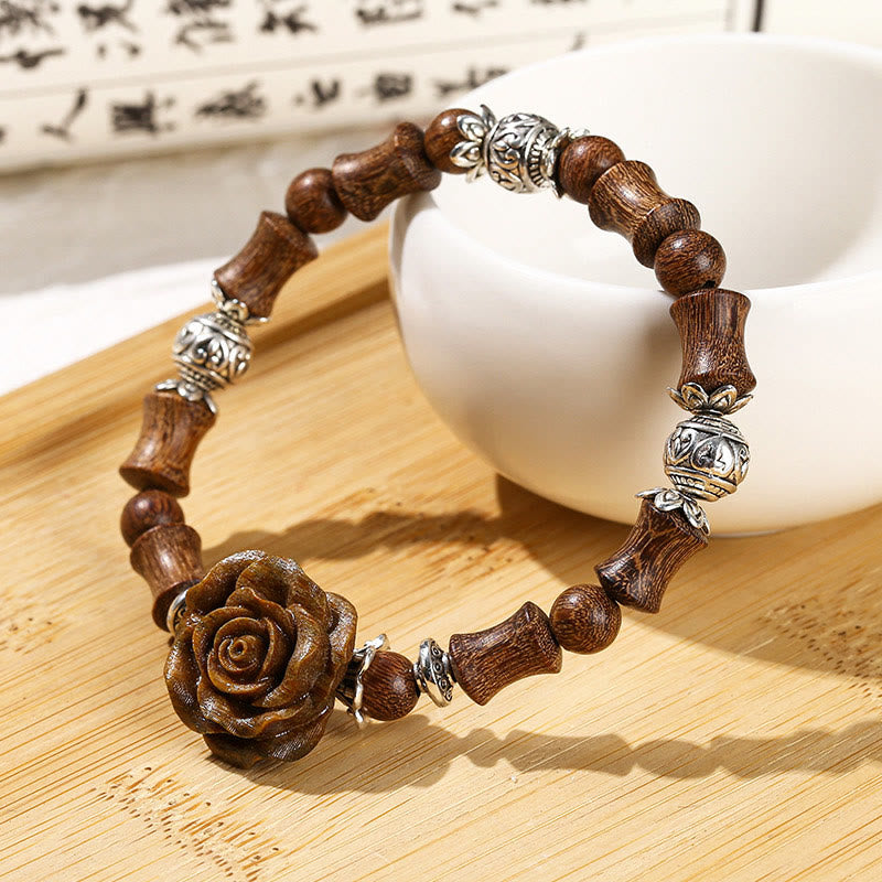 Bracelet de guérison camélia en bois de santal et bambou avec pierres de Bouddha
