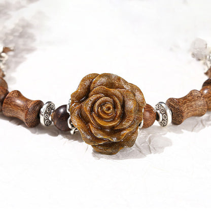Bracelet de guérison camélia en bois de santal et bambou avec pierres de Bouddha