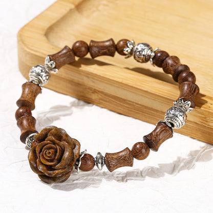 Bracelet de guérison camélia en bois de santal et bambou avec pierres de Bouddha